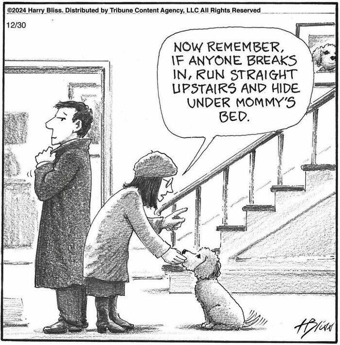 Person instructing dog to hide under bed in comic by Harry Bliss.