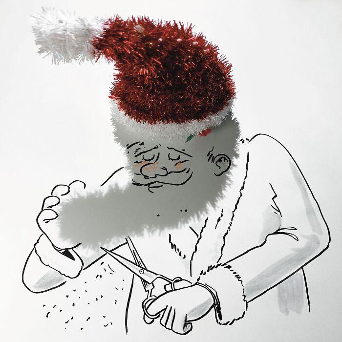 Artist's illustration transforms everyday shadow into Santa Claus with scissors.