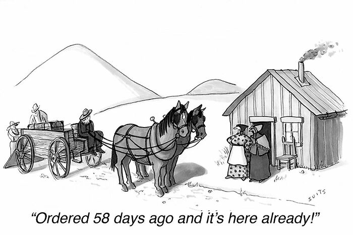 Cartoon by Julia Suits: A horse-drawn cart delivers goods, surprising a couple outside their house with its speed.