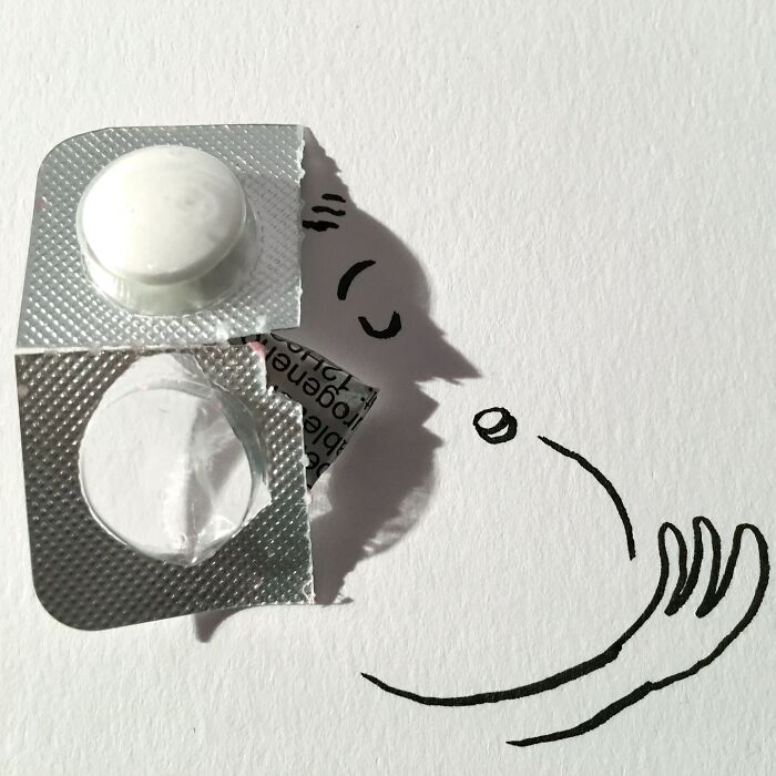 Artist turns everyday pill shadow into a playful illustration.