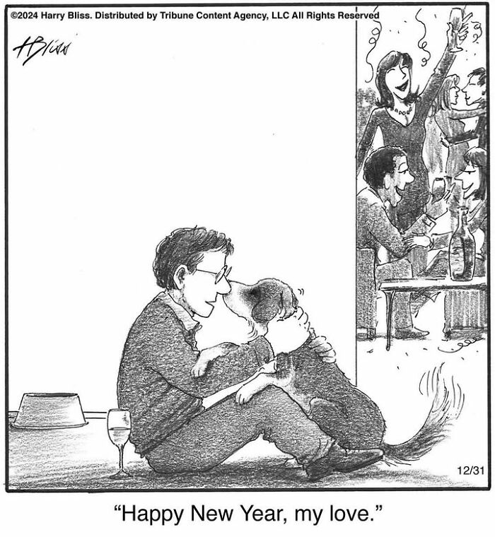 Man with dog in a one-panel comic by Harry Bliss, celebrating New Year in a cozy setting.