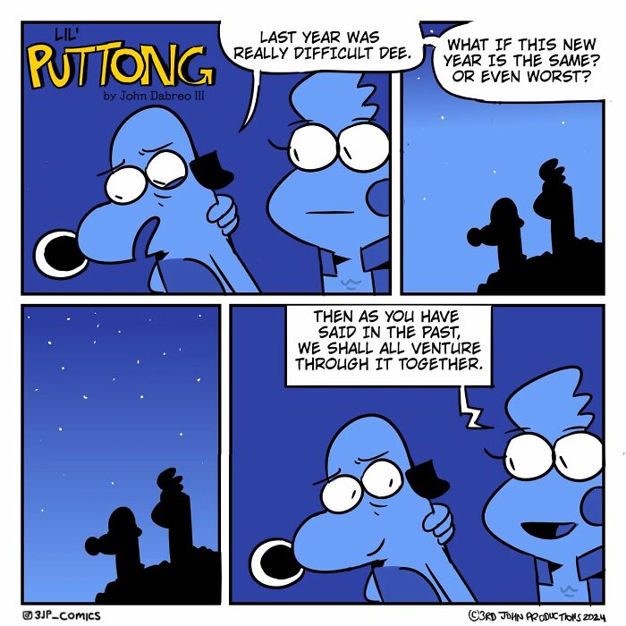 Caribbean webcomics scene showing two characters discussing the challenges of the new year under a starry sky.