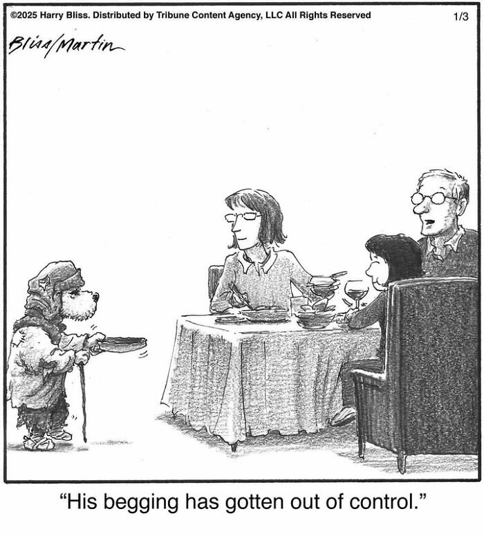 A dog in a chef's outfit holds a platter, begging at a dinner table, illustrating a humorous one-panel comic by Harry Bliss.