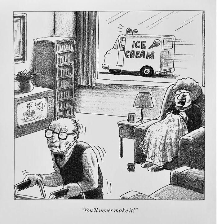 Elderly couple in a living room with ice cream truck outside, in a comic by Harry Bliss.