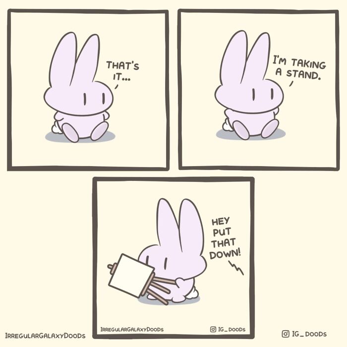 Pastel-colored comic by Irregular Galaxy Doods featuring a bunny taking a stand with a sign.