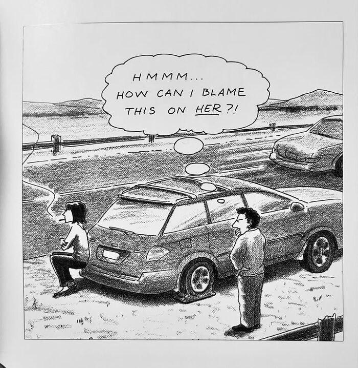 Man pondering beside a parked car with a flat tire, illustrating Harry Bliss's comic humor.