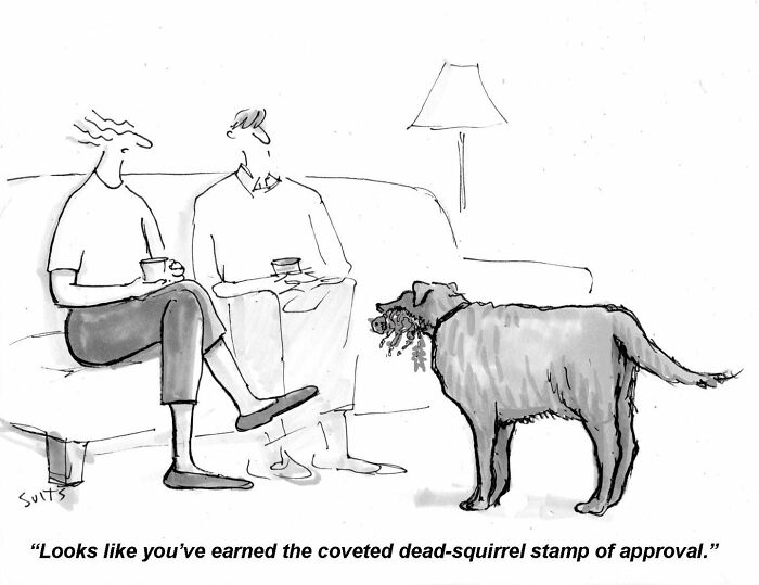 Cartoon by Julia Suits: Two people on a couch with a dog holding a dead squirrel, adding smart humor to everyday life.