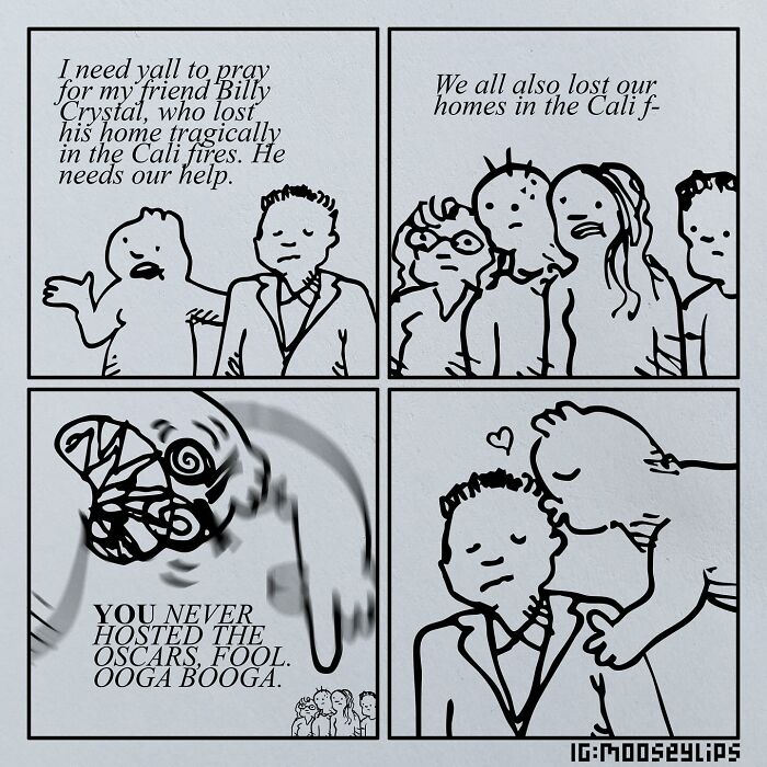 Comic strip by Mooseylips with characters discussing a tragedy and ending with humorous absurdity.
