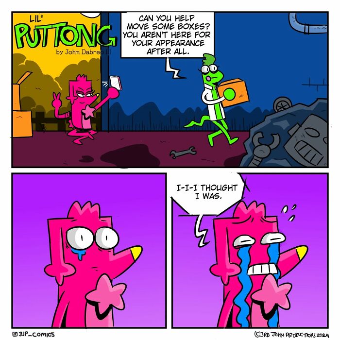 Caribbean webcomic with colorful characters humorously discussing appearances and tasks.