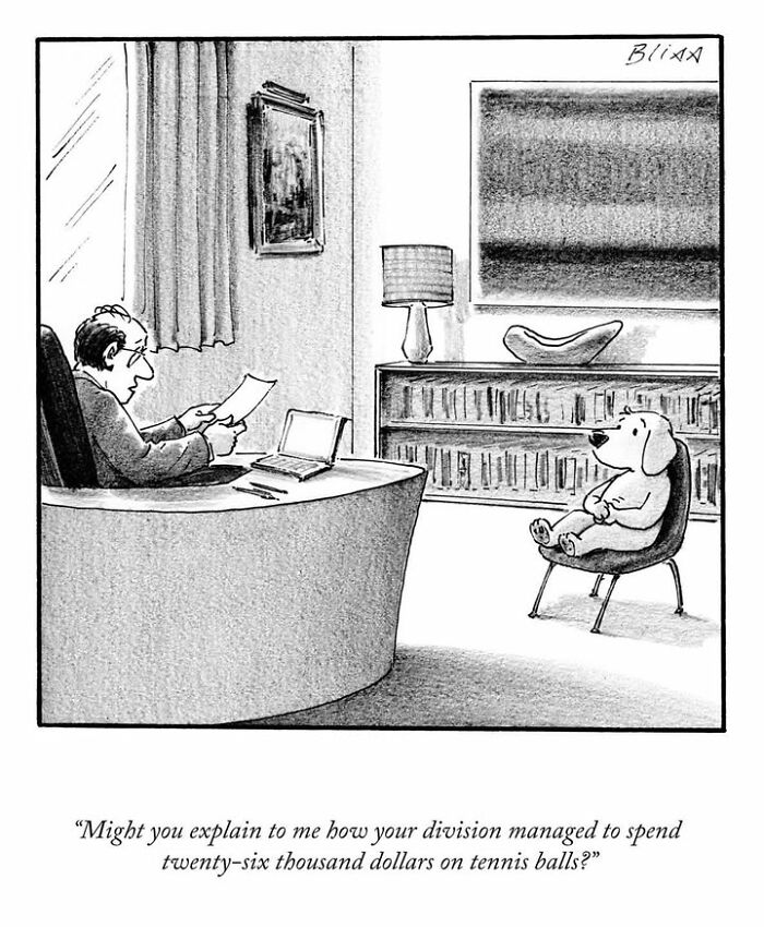 Office cartoon by Harry Bliss featuring a man questioning a dog about spending on tennis balls.