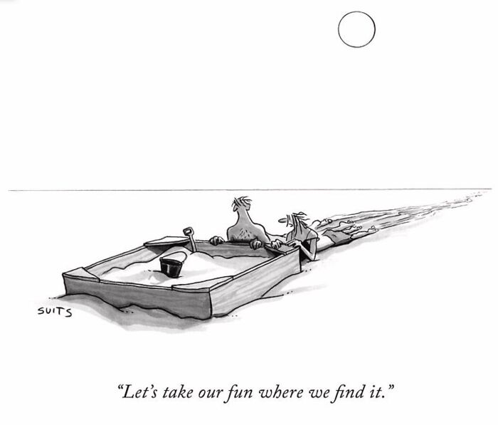 Clever cartoon by Julia Suits with people in a sandbox, displaying smart humor with text "Let's take our fun where we find it."