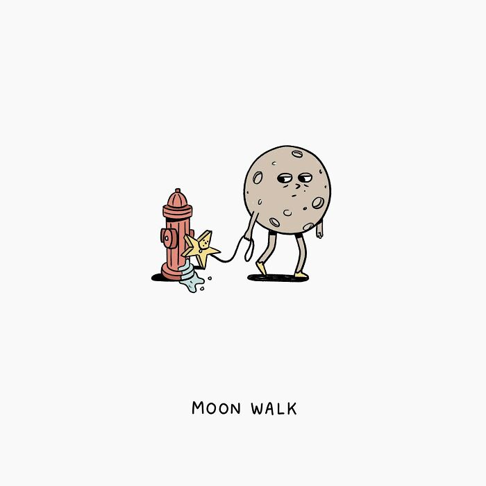 Illustration by John Larigakis of a moon walking a star near a fire hydrant, titled "Moon Walk".