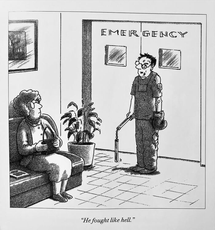 One-panel comic by Harry Bliss showing a woman on a bench and a disheveled man with a club near an emergency room door.