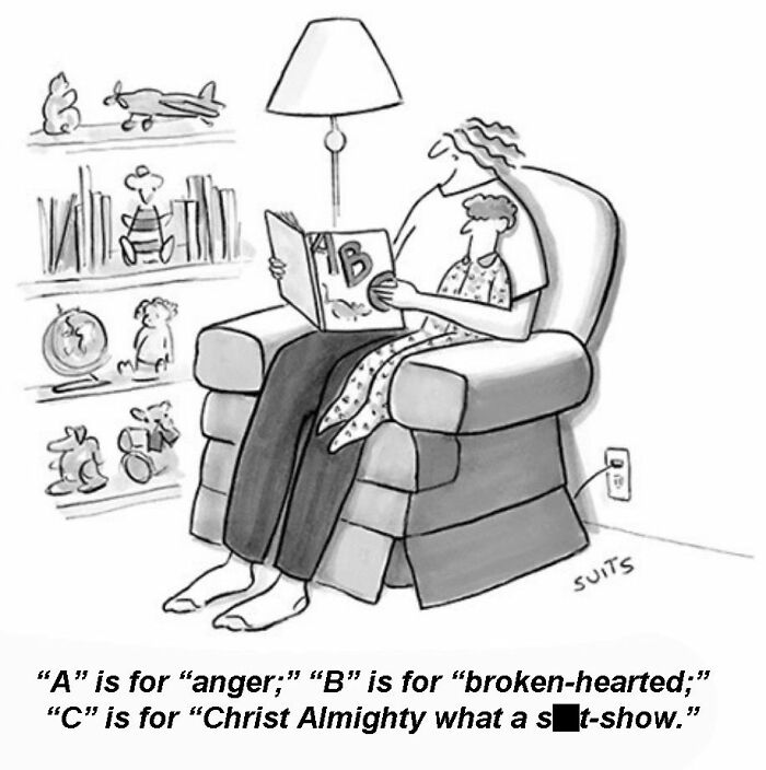 Cartoon by Julia Suits shows a parent reading an alphabet book humorously to a child in a living room setting.