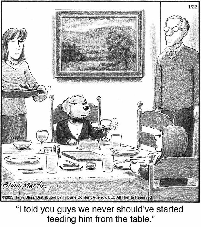 Dog in a tuxedo at dining table, holding a wine glass, surrounded by people, illustrating a one-panel comic by Harry Bliss.