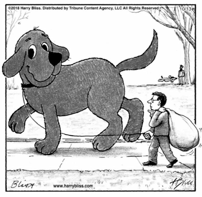 A giant, joyful dog walking a man carrying a sack, drawn by Harry Bliss in a one-panel comic.