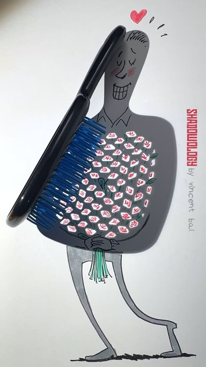 Everyday object shadow transformed into an illustration of a person holding flowers with smiling face.