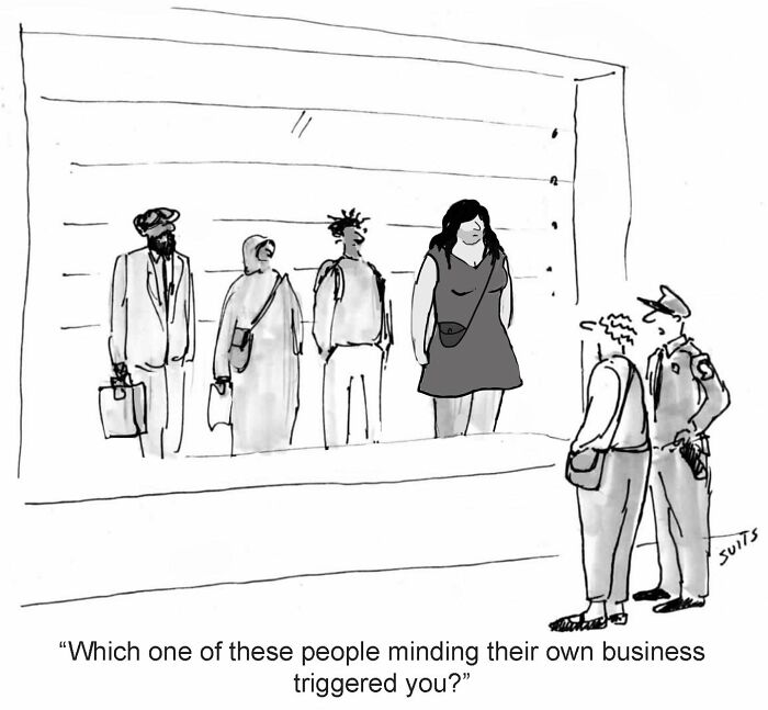 Cartoon by Julia Suits, showing a humorous police lineup questioning.