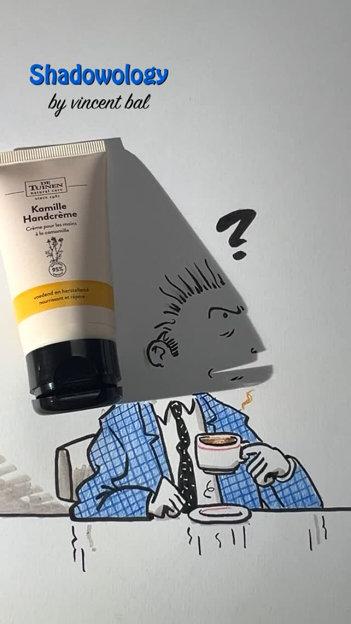Illustration transforms hand cream shadow into a man sipping coffee.