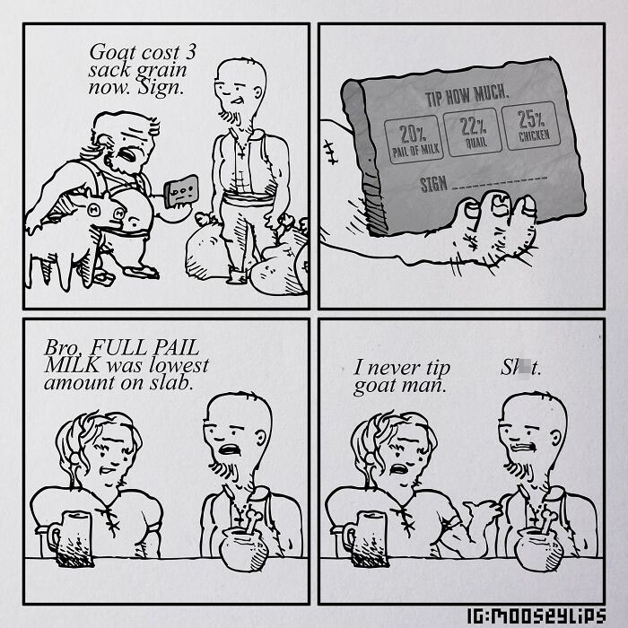 Absurd comic by Mooseylips with characters discussing goat costs and unusual tipping options for services.