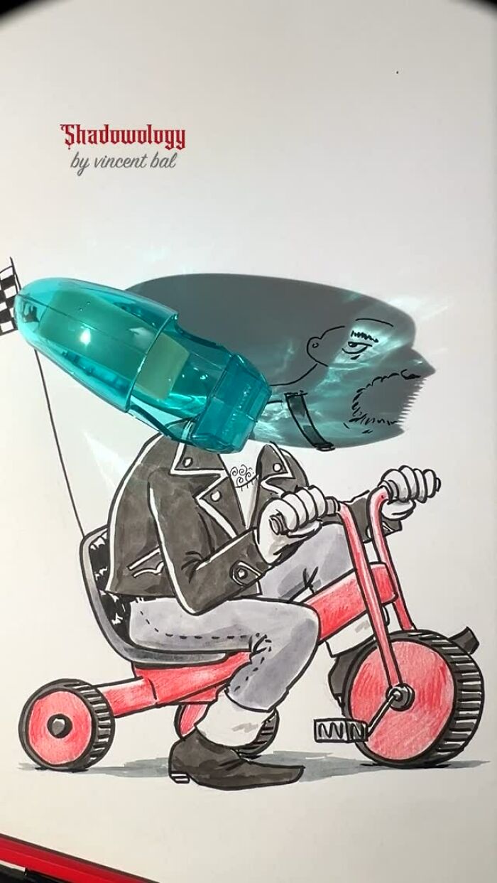 Shadow transforms everyday object into illustration of a biker on a tricycle, using a blue stapler.