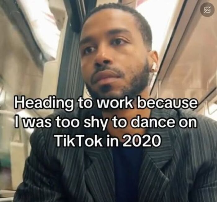 Man on train with text overlay about TikTok shyness, referencing Funny Silly Facebook Memes.