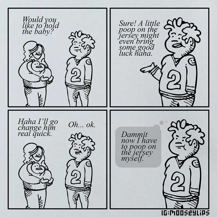 Comic by Mooseylips featuring a humorous exchange about holding a baby and p**p on a jersey for good luck.