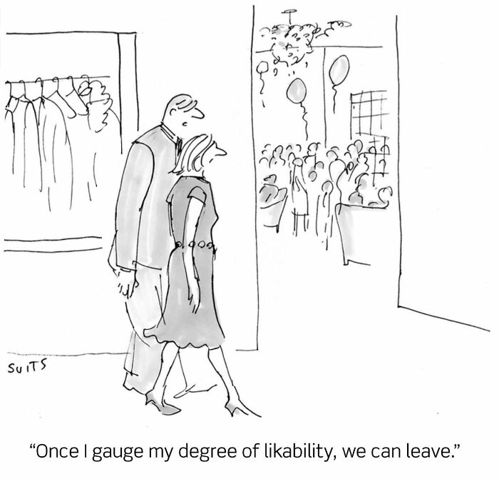 Cartoon by Julia Suits shows a couple observing a party, captioned with clever humor about likability.