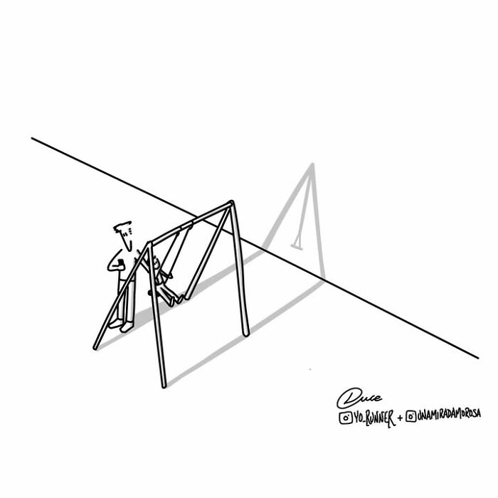 Heartwarming illustration by Sergio Duce showing a person on a swing casting a shadow, suggesting positivity and nostalgia.