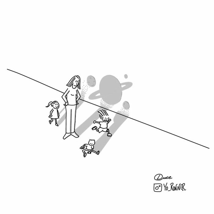 Wholesome illustration by Sergio Duce of a woman and children casting shadows resembling a planet with rings.