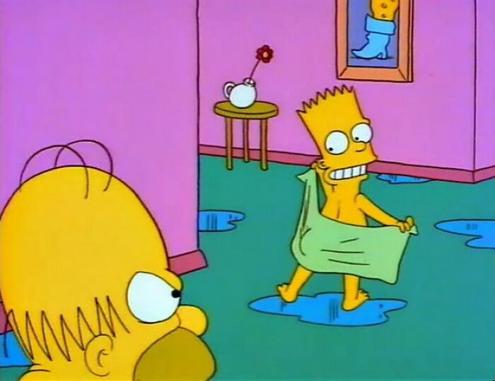 Cartoon characters in a room with wet floor patches, highlighting common hygiene habits.