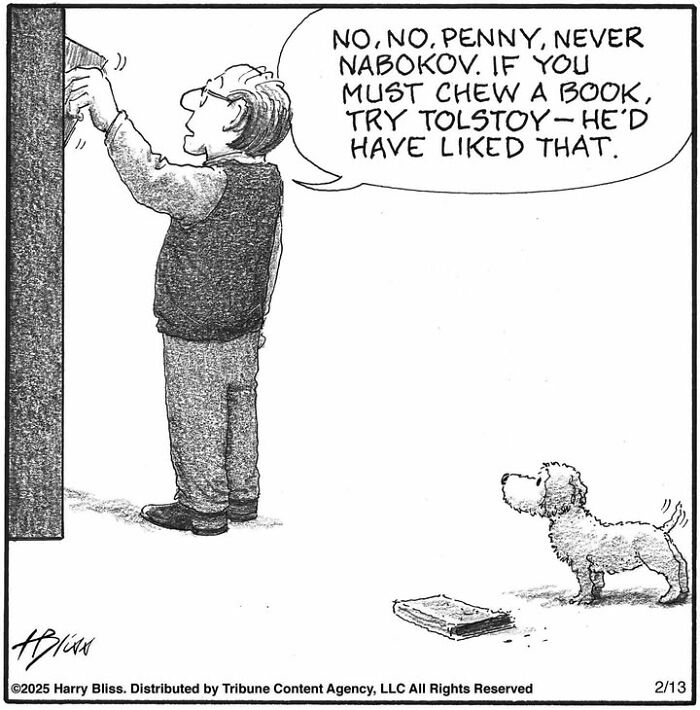 Man suggests dog chew Tolstoy book instead of Nabokov, humorous one-panel comic by Harry Bliss.