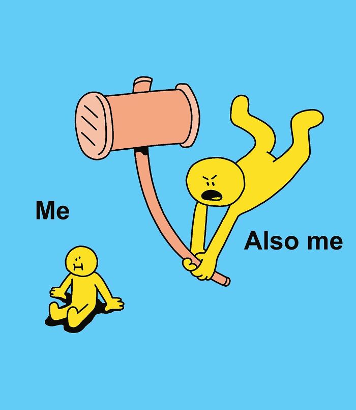 Yellow figures in a comic represent self-criticism, one holding a mallet labeled "Also me," the other sitting labeled "Me."