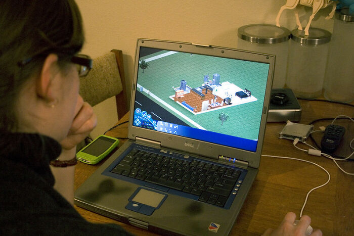 Person playing a simulation game on a Dell laptop, illustrating unusual behavior indicators.