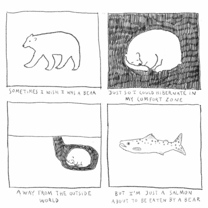 Animal-themed illustration by a tattoo artist depicting a bear and a salmon with humorous text.