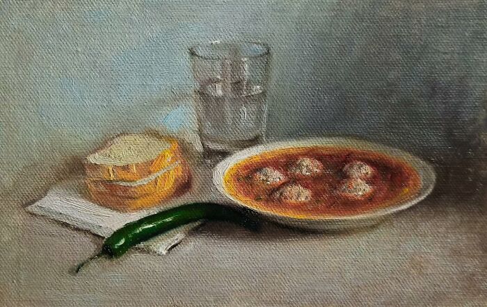 Oil painting of Eastern European meal with bread, green chili, soup, and a glass of water, evoking collective nostalgia.