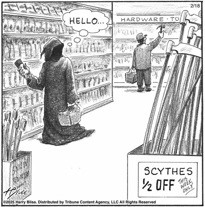 Grim Reaper browsing a hardware store, holding a paint roller, near a "Scythes 1/2 Off" sign.