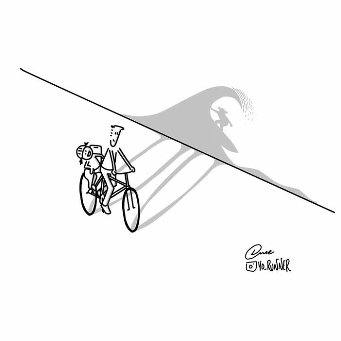Heartwarming illustration by Sergio Duce of a cyclist casting a surfer shadow.