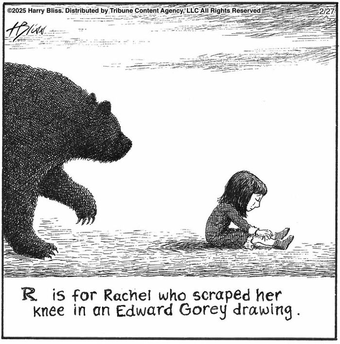 Bear approaches sitting girl in new one-panel comic by Harry Bliss, with text "R is for Rachel who scraped her knee."