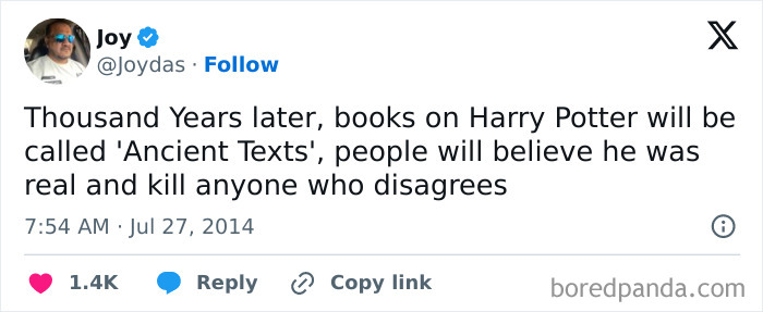 Tweet humorously imagining Harry Potter books as ancient texts in future; part of the funniest random memes.