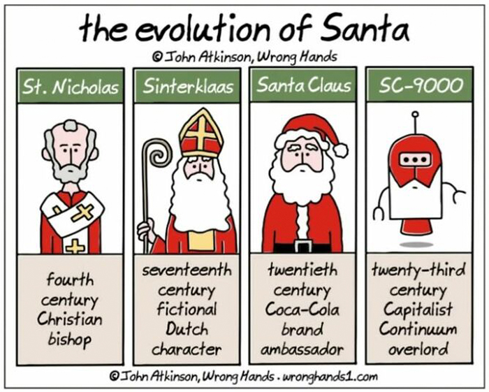 Comic by John Atkinson showing Santa's evolution from St. Nicholas to SC-9000, highlighting cultural references.