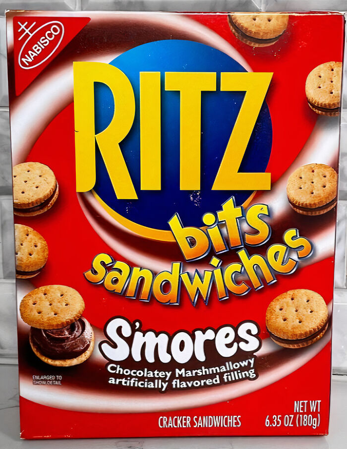Ritz Bits Sandwiches S'mores packaging from the 90s and 2000s, featuring chocolate marshmallow filling.