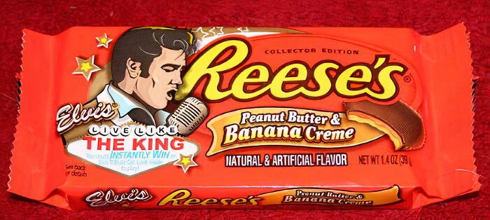 Reese's Peanut Butter & Banana Creme bar, a nostalgic 90s food item, with Elvis-themed packaging.