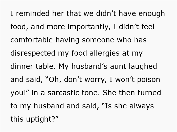 Text exchange about dinner table conflict with uninvited guest, highlighting food allergies and tension.