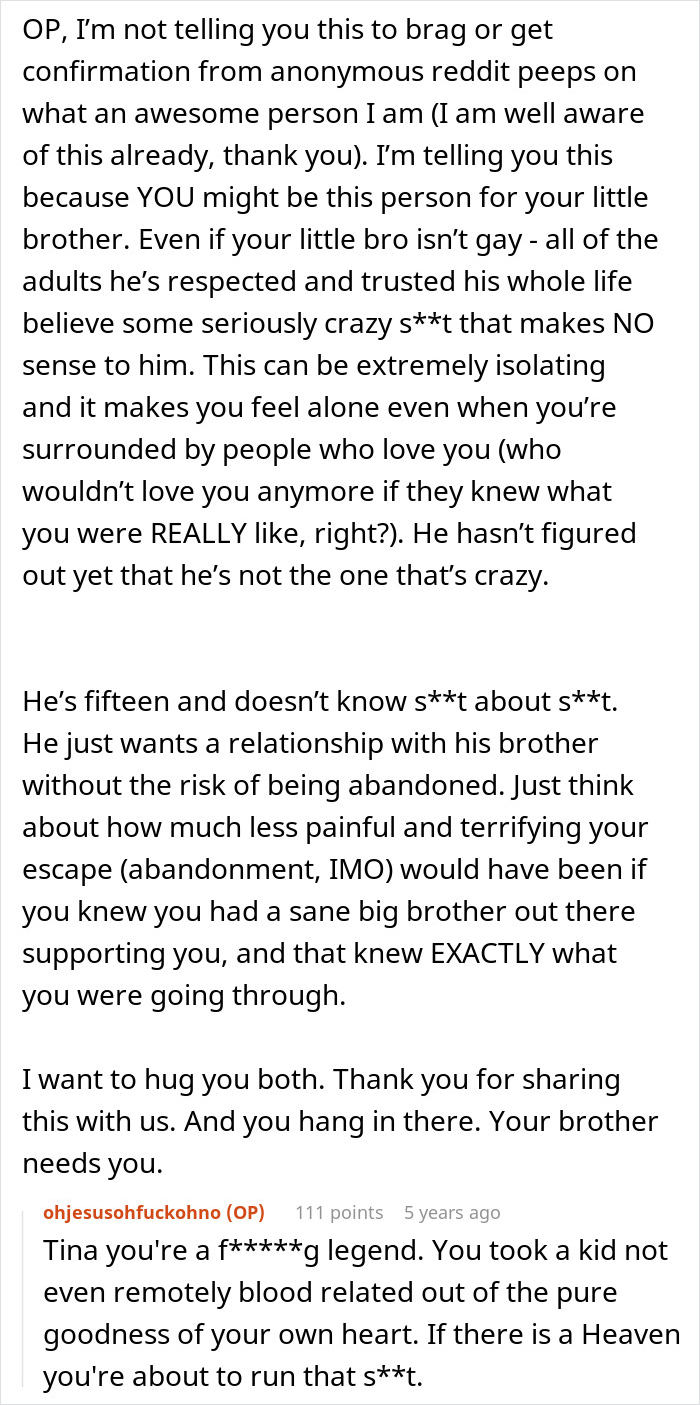 Screenshot of a Reddit comment discussing support for a brother with religious parents.