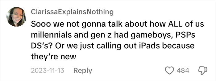 Social media post questions focus on iPad kids, mentioning millennials and Gen Z with game consoles.