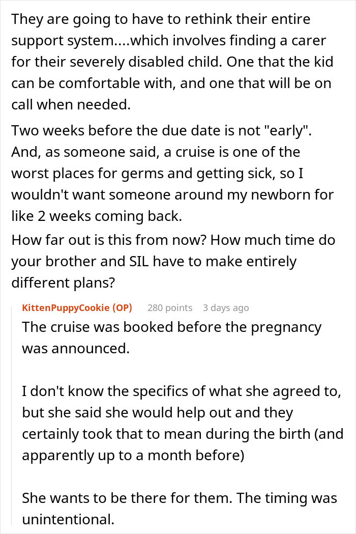 Reddit discussion about a mom's decision to keep her cruise plans despite DIL's early due date possibility.