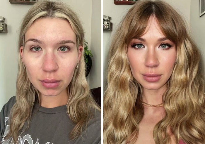 Before and after digital makeover by content creator, highlighting transformation in hairstyle and makeup.