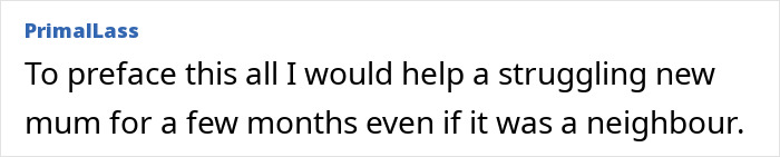 Text from a user named PrimalLass about helping a new mum with a baby, even if it&rsquo;s a neighbor.