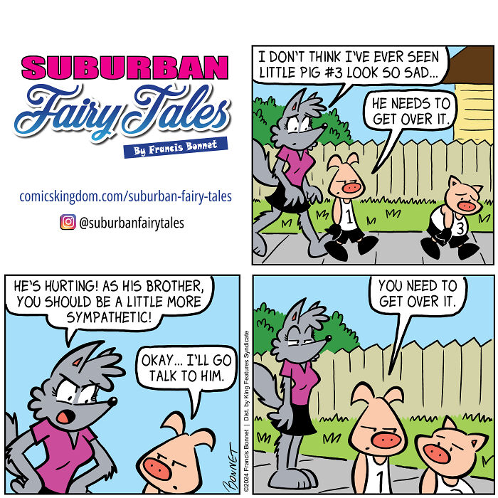 Comic strip showing pigs and a wolf discussing getting over relationship troubles from a pig's perspective.